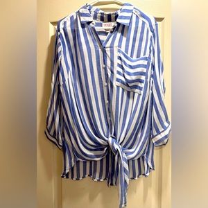 Vixbe blue striped button down with tie front